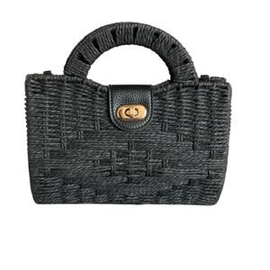 Forever 21 Black Woven Basket Handbag Purse Structured Top Handle Bag Turn Lock